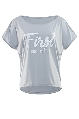 Winshape Damen Ultra leichtes Modal-Kurzarmshirt MCT002 Glitzer-Aufdruck „First I Need Coffee” T-Shirt, Cool-Grey-Weiss, im Sale